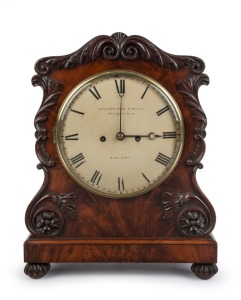 A William IV spring table clock by "Braithwaite & Jones, 3 Cockspur Street, London", the flame mahogany scroll top case with applied carving and gadrooned bun feet, original painted convex dial, 8 day time and bell striking chain fusee movement with Londo