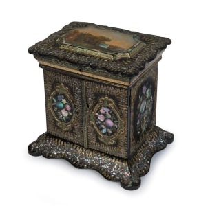 An antique English sewing cabinet, papier-mâché with mother of pearl and hand-painted finish, mid 19th century, ​​​​​​​30cm high, 30cm wide, 23cm deep