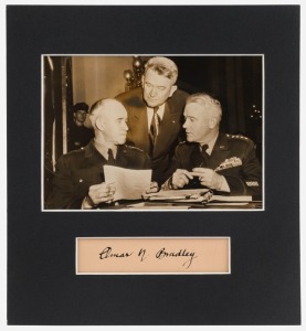GENERAL OMAR BRADLEY attractive pen signature on piece, mounted with a black and white photograph of Bradley with Maj. Gen. J. Lawton Collins