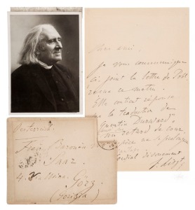FRANZ LISZT single page letter with with bold signature. Accompanied with original cover (stamp removed) and photo portrait, plus a letter of authenticity