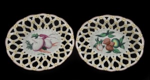 CHELSEA pair of antique English porcelain basket weave bowls, hand-painted with legumes and walnuts, circa 1765, extremely rare, red anchor mark to bases, 6cm high, 27cm wide