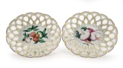 CHELSEA pair of antique English porcelain basket weave bowls, hand-painted with legumes and walnuts, circa 1765, extremely rare, red anchor mark to bases, 6cm high, 27cm wide - 2