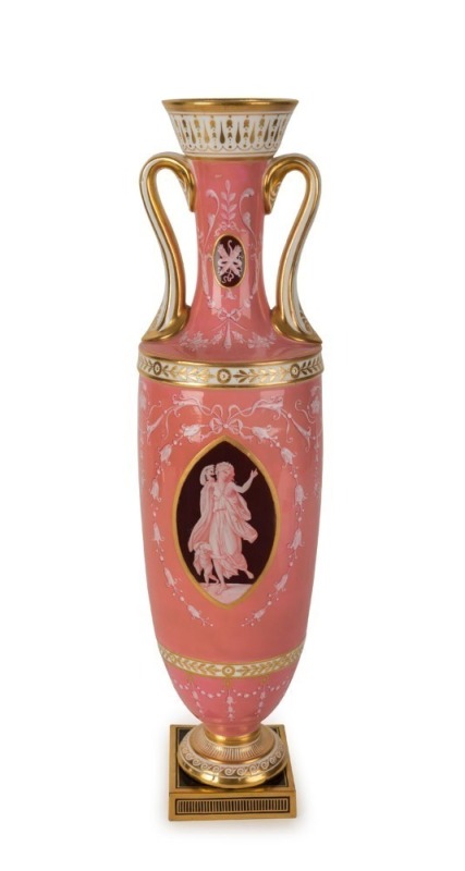 MINTONS pâte-sur-pâte antique English pink porcelain urn with neo classical decoration, 19th century, impressed mark to base, 43cm high