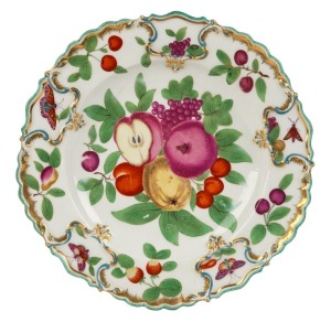 CHELSEA early English porcelain plate painted with fruit and butterflies, circa 1756-1758, red anchor mark, 24cm wide.