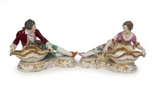 MEISSEN pair of German antique porcelain figural sweetmeat dishes, 18th/19th century, blue mark to base, the larger 17cm high, 25cm wide