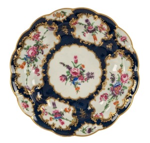 WORCESTER antique English porcelain bowl on blue ground hand-painted floral vignettes and gilded highlights, 18th century, square blue mark to base, 25cm wide