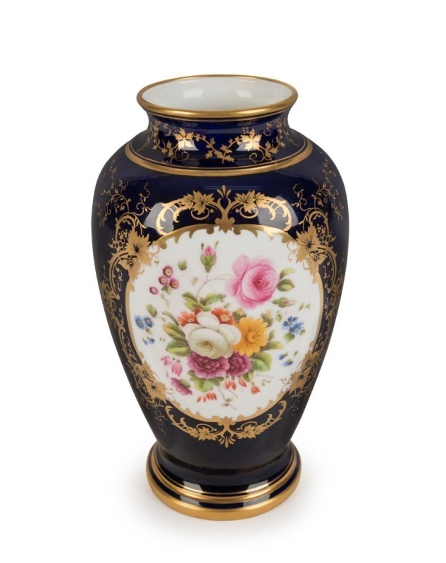 COALPORT English porcelain cobalt blue cabinet vase with floral gilt decoration and hand-painted bouquet vignette by E. Richards, factory mark to the base,19th century, 22cm high