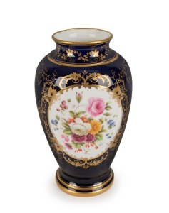 COALPORT English porcelain cobalt blue cabinet vase with floral gilt decoration and hand-painted bouquet vignette by E. Richards, factory mark to the base,19th century, 22cm high