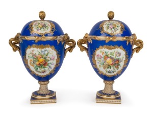 Coalbrookdale antique English porcelain pair of lidded table urns with royal blue ground, gilt decoration and hand-painted vignettes, signed to the base, 19th century, 32cm high