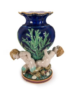 MINTONS antique English majolica vase decorated with seaweed and mermaid Putti figures, 19th century, impressed mark to base, 41cm high. PROVENANCE: Christie's Auctions, 1998