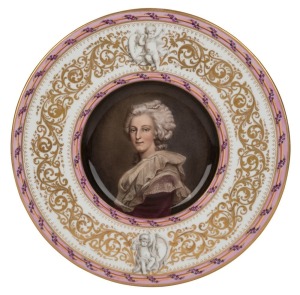 Antique French porcelain plaque with portrait of MARIE ANTOINETTE, 19th century, 28.5cm diameter