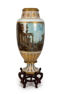 An antique Continental monumental porcelain vase, hand-painted with classical scene, on later timber stand, 19th century, "M. AHAEPb" inside the rim, 96cm high overall