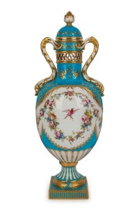 MINTONS stunning antique English porcelain lidded urn on blue ground with hand-painted floral swags and gilded highlights, 19th century, gold factory mark to base, ​​​​​​​38cm high