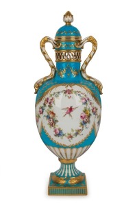 MINTONS stunning antique English porcelain lidded urn on blue ground with hand-painted floral swags and gilded highlights, 19th century, gold factory mark to base, 38cm high