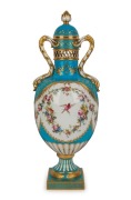 MINTONS stunning antique English porcelain lidded urn on blue ground with hand-painted floral swags and gilded highlights, 19th century, gold factory mark to base, ​​​​​​​38cm high