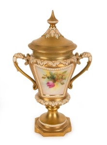 ROYAL WORCESTER gilt decorated lidded mantel vase with floral painting by A. WATKINS, 19th century, puce factory mark to base, 28cm high