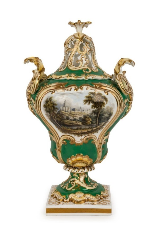 DAVENPORT antique English porcelain potpourri lidded mantel urn, 19th century, puce factory mark to lid and base, ​​​​​​​39cm high