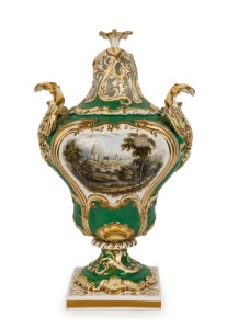 DAVENPORT antique English porcelain potpourri lidded mantel urn, 19th century, puce factory mark to lid and base, 39cm high