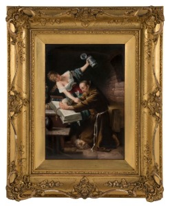 K.P.M. German antique porcelain plaque of a friar and barmaid, by FRANZ WAGNER, in original gilt frame, late 19th century, 24 x 16.5cm, 38 x 32cm overall