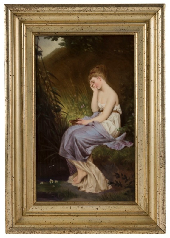 K.P.M. antique German porcelain plaque titled "Sorrowing Psyche" signed "W. STURM, Dresden, 1885", ​​​​​​​33 x 20cm, 41 x 29cm overall