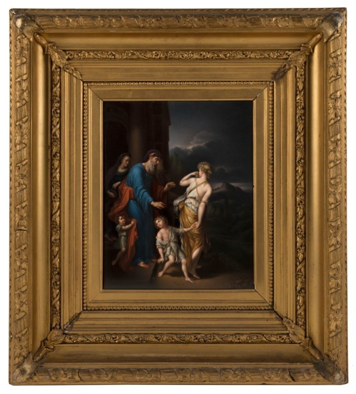 K.P.M. antique German porcelain plaque "DIE VERSTOSUNG DER HAGAR", in gilt frame, 19th century, ​​​​​​​27.5 x 21.5cm, 53 x 48cm overall