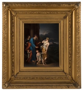 K.P.M. antique German porcelain plaque "DIE VERSTOSUNG DER HAGAR", in gilt frame, 19th century, 27.5 x 21.5cm, 53 x 48cm overall