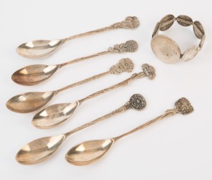 Set of six Continental silver teaspoons, together with a silver coin napkin ring, (7 items), ​​​​​​​98 grams total