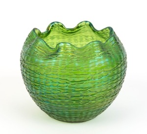 An Art Nouveau Bohemian green iridescent glass vase, late 19th century, ​​​​​​​11cm high, 13cm wide