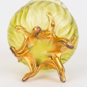 An antique iridescent green glass vase with gilt finished legs, late 19th century, ​​​​​​​14cm high - 2