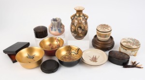 SATSUMA ware, lacquer ware bowls, antique boxes, Chinese timber stands etc, 19th and 20th century, (13 items), the Satsuma vase 15.5cm high