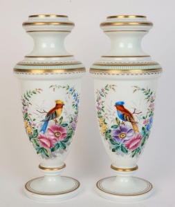 A pair of antique Bohemian glass mantel vases adorned with hand-painted enamel bird and floral decoration, 19th century, 40cm high