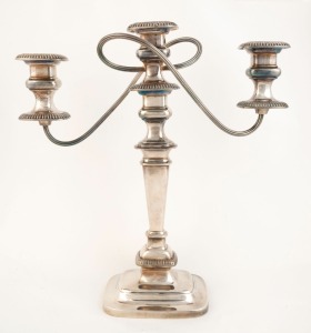 A silver plated three branch candelabra, 20th century, 38cm high, 37cm wide