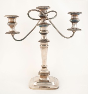 A silver plated three branch candelabra, 20th century, ​​​​​​​38cm high, 37cm wide