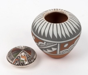 MARY SMALL Jemez Pueblo pottery vessel, incised "Mary Small, 1987", together with a pottery incense holder signed "D. Lewis, Aloma", (2 items), the vessel 8cm high