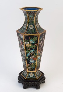 A Chinese hexagonal form cloisonne vase on wooden stand, 20th century, ​​​​​​​44cm high overall