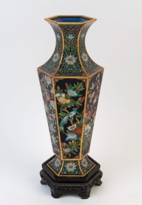 A Chinese hexagonal form cloisonne vase on wooden stand, 20th century, 44cm high overall