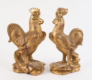A pair of Burmese carved and gilded wooden roosters, 20th century, ​​​​​​​36cm high