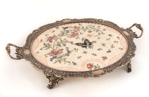 An antique silver plated serving tray with porcelain insert, late 19th century, 43cm across the handles,