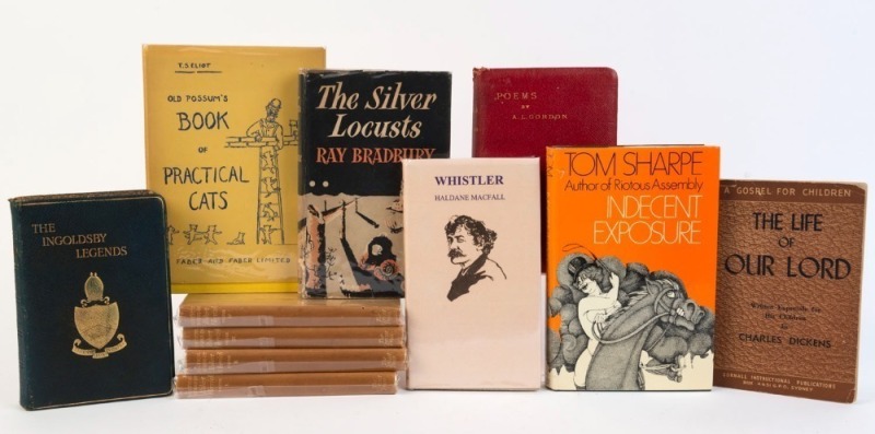 "Old Possum's Book of Practical Cats" by Eliot (h/c, with dust jacket, 1956); "The Silver Locusts" by Bradbury (1951); "Whistler..." by MacFall (1905), plus several other volumes. (11 vols).