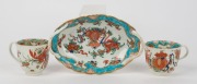 DR. WALL "JABBERWOCKY" pattern English porcelain dish together with two teacups, circa 1760, (3 items), the dish 17cm wide