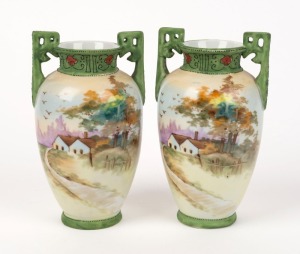 NORITAKE pair of vintage Japanese porcelain vases with hand-painted rural scenes and green finished handles, early 20th century, 16cm high