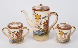 SATSUMA three piece Japanese earthenware tea service, 20th century, the pot 17cm high