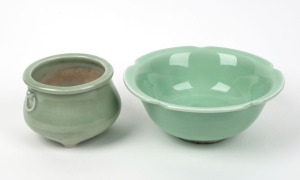 A Chinese celadon porcelain censer and bowl, 20th century, (2 items), the bowl 19cm wide