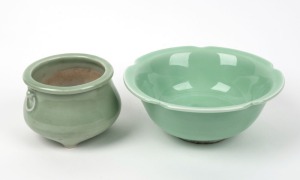 A Chinese celadon porcelain censer and bowl, 20th century, (2 items), ​​​​​​​the bowl 19cm wide