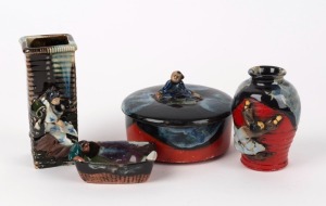 SUMIDA GAWA Japanese earthenware lidded box, dish and two vases, 19th/20th century, (4 items), the largest 13cm high