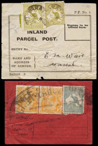 1913 (July 8) usage of 3d Olive, pair on a Tasmania Inland Parcel Post label. Plus a red Interstate Parcel Post label franked 1/8 with a 1/- blue-green Roo, 3rd wmk and a KGV 4d orange pair. Both with faults but very scarce.