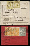 1913 (July 8) usage of 3d Olive, pair on a Tasmania Inland Parcel Post label. Plus a red Interstate Parcel Post label franked 1/8 with a 1/- blue-green Roo, 3rd wmk and a KGV 4d orange pair. Both with faults but very scarce.