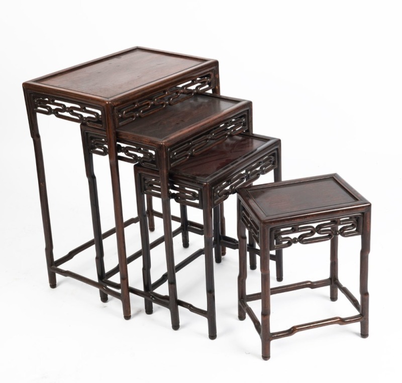 Nest of four Chinese rosewood occasional tables, 20th century, ​​​​​​​the largest 71cm high, 51cm wide, 37cm deep