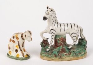 "ZEBRA" and "MONKEY" two Staffordshire pottery statues, 19th century, 12.5cm and 7cm high