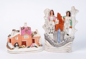 Staffordshire pottery cottage ornament and figural statue, 19th century, (2 items), 12cm and 19.5cm high